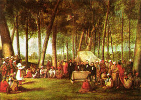  Kee-Waw-Nay Potawatomi Village, council between Potawatomi leaders and U.S. government representatives in July 21, 1837 to settle details for the impending removal of the Potawatomi from northern Indiana. Painted by George Winters