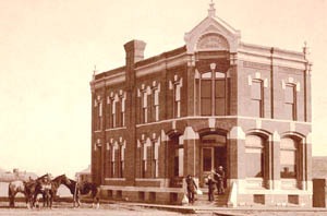 Reenactment of the Doolin robbery at the Ford County Bank in Spearville, Kansas, 1890s. 