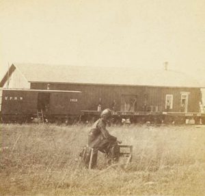 Kansas Pacific Railroad Depot in Manhattan, Kansas by Alexander Gardner, 1867.