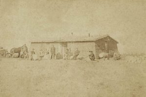 Sod house in Rush County, Kansas, 1870s.