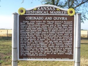 Kansas marker giving a brief history of Coronado’s travels to the area in 1541 located along US Hwy 56 west of Lyons, Kansas.