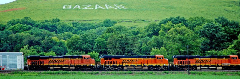 The railroad still runs through tiny Bazaar, Kansas by Kathy Alexander.