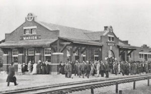 Atchison, Topeka & Santa Fe Railroad Depot in Marion, Kansas, 1912.