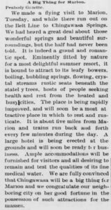 Chingawassa Springs article by the Peabody Gazette, August 1889.