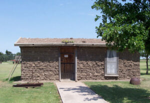 Recreated sod school in Thomas County, Kansas.