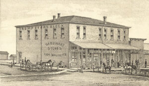 The P. Trompeter building on the corner of Hudson and 3rd Street in Willis, 1887. This building along with most of the buildings between Hudson St. and Center St.were destroyed in a large fire.