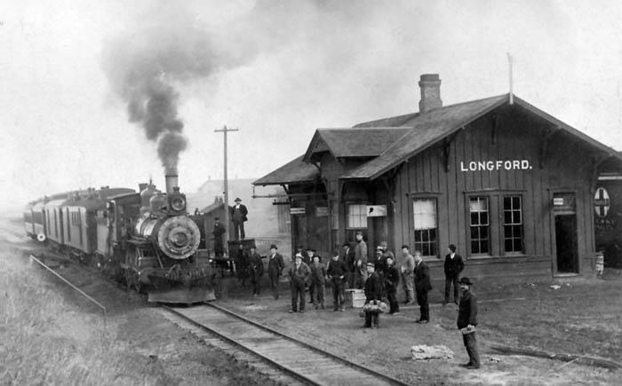 Atchison, Topeka & Santa Fe Railroad depot in Longford, Kansas.