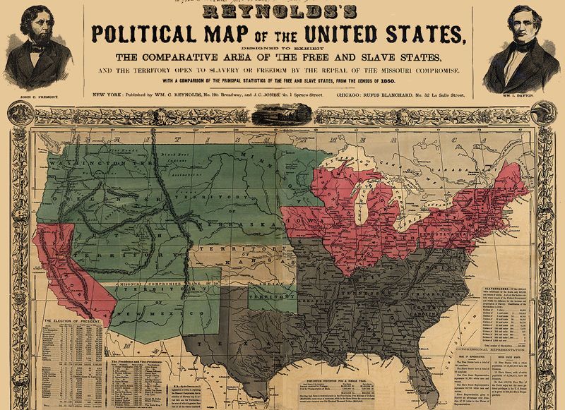 1856 map showing slave states in gray, free states in pink, U.S. territories in green, and Kansas in white.