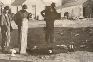 Bank robber shot in Sylvan Grove, Kansas by W.J. Wood, 1894