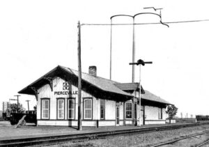 Atchison, Topeka & Santa Fe Railroad Depot in Pierceville Kansas by Frank OKelley, 1975.