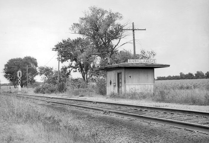 Missouri, Kansas & Texas Railway depot in Kimball, Kansas by H. Killam, 1959.