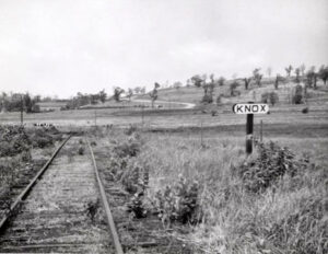 Union Pacific Railroad sign board in Knox Kansas by H. Killam, 1960.