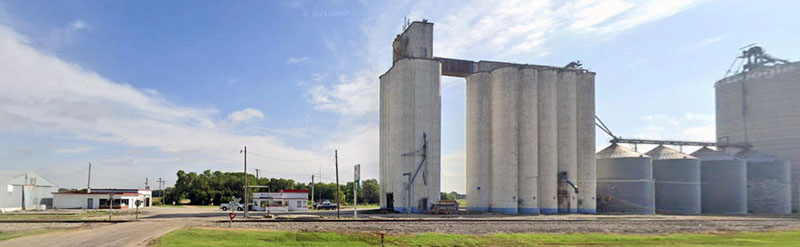 Grain elevators and agricultural buildings in Albert, Kansas, courtesy of Google Maps.