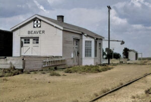 Atchison, Topeka & Santa Fe Railroad depot in Beaver, Kansas, 1970.