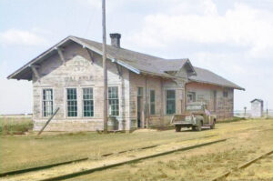 Atchison, Topeka & Santa Fe Railroad in Galatia, Kansas, 1970.