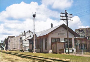 Missouri Pacific Railroad depot in Everest, Kansas, by H. Killam, 1950.