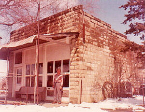 Old bank-post office in Densmore, Kansas, 1980.