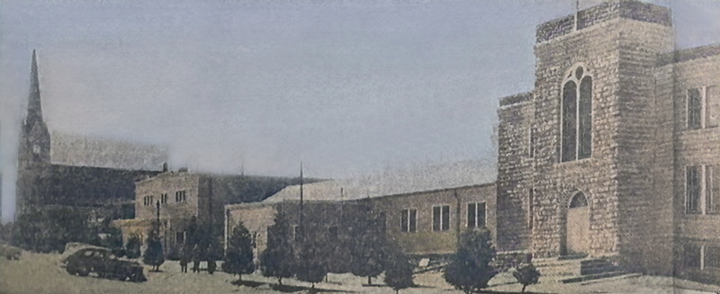 Odin, Kansas church, gym, parish hall, and school in 1954. The gymn and school are gone today.