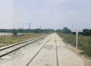 Railroad sign board in Stover, Kansas, 1955.