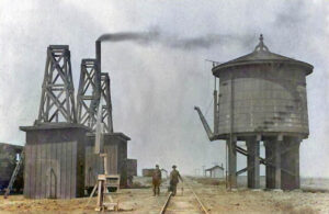 Missouri Pacific Railroad Company's track line, in Tribune, Kansas, about 1885.