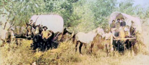 Covered wagons on the Solomon River in Kansas.