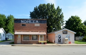 Business buildings in Harveyville, Kansas by Kathy Alexander.