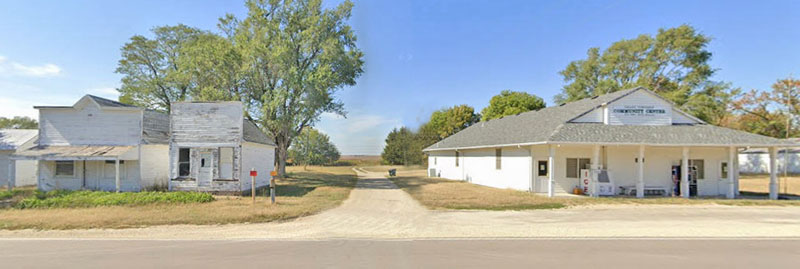 Old commercial buildings in Wells, Kansas, courtesy of Google Maps.