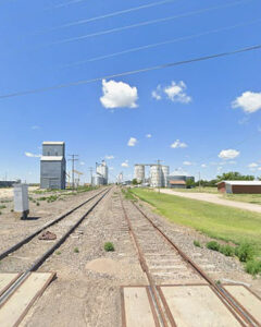 Railroad and grain elevators in Marienthal, Kansas, courtesy of Google Maps.