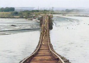 Chicago, Rock Island & Pacific Railroad bridge over the Cimarron River during the flood of 1938.  Chicago, Rock Island & Pacific Railroad bridge over the Cimarron River during the flood of 1938.