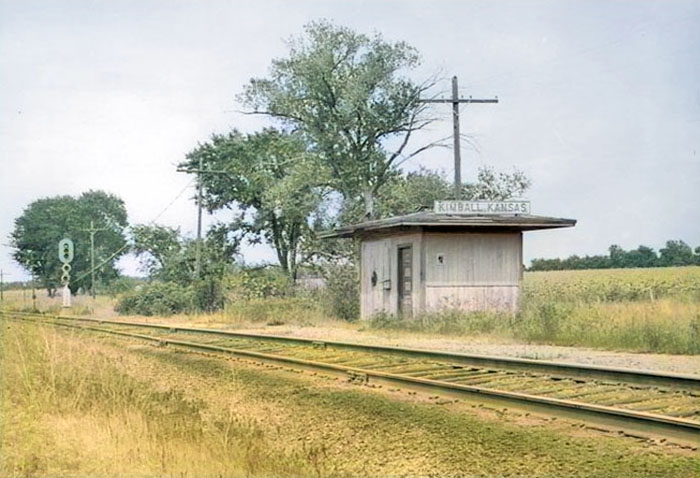 Missouri, Kansas & Texas Railway depot in Kimball, Kansas by H. Killam, 1959.