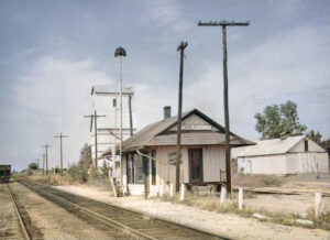Missouri, Kansas & Texas Railway depot in Stark, Kansas by H. Killam, 1959.