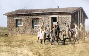 Sod schoolhouse, Otterbourne, Kansas.