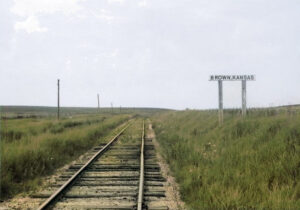 Missouri, Kansas & Texas Railroad sign board, by H. Killam, 1957.