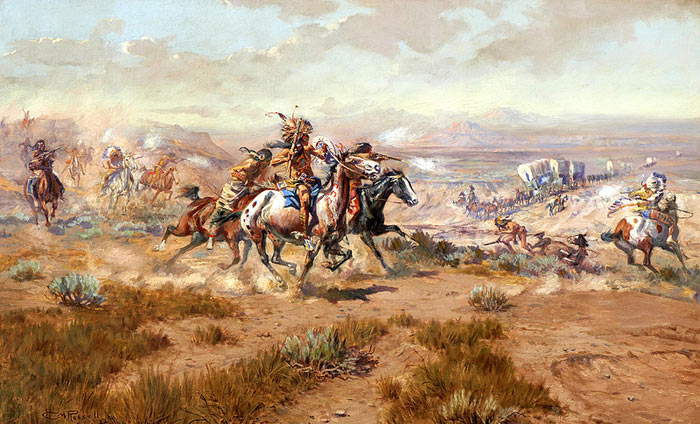 Wagon train attacked by Indians by Charles Marion Russell.