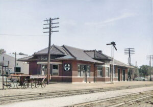 Atchison, Topeka & Santa Fe Railroad depot in Iola, Kansas, by H. Killam, 1956.